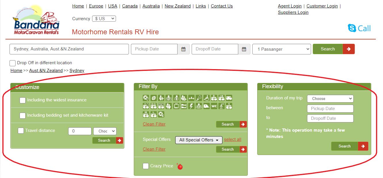Motorhome rental in Australia - Filters