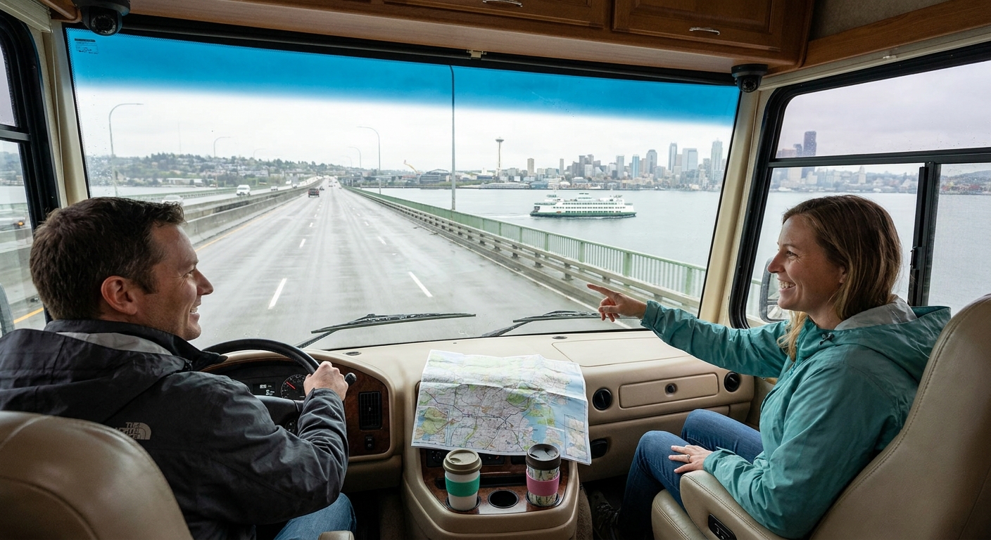 An overview map of a potential RV itinerary starting from Seattle