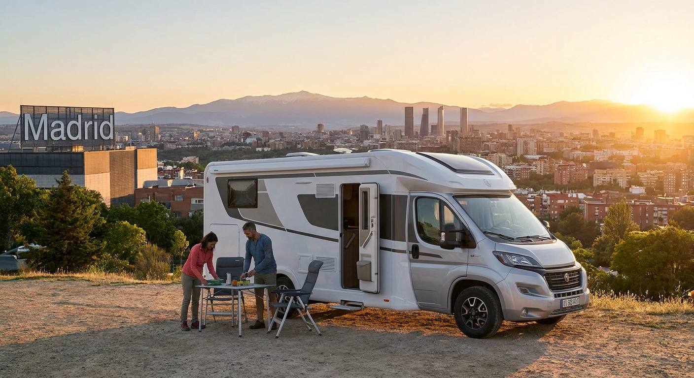 Senior couple enjoying RV travel in Madrid (to participate in festivals)