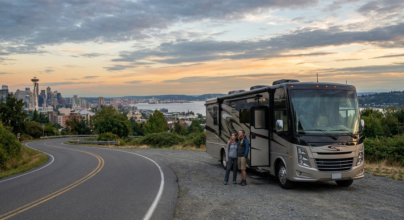 A family enjoying the interior of their spacious luxury RV rental in Seattle.