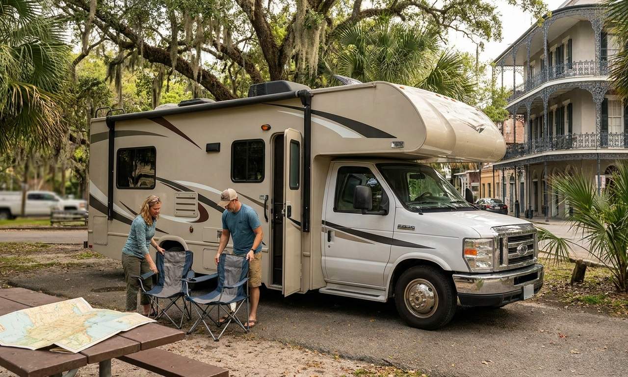 Family enjoying RV camping near New Orleans