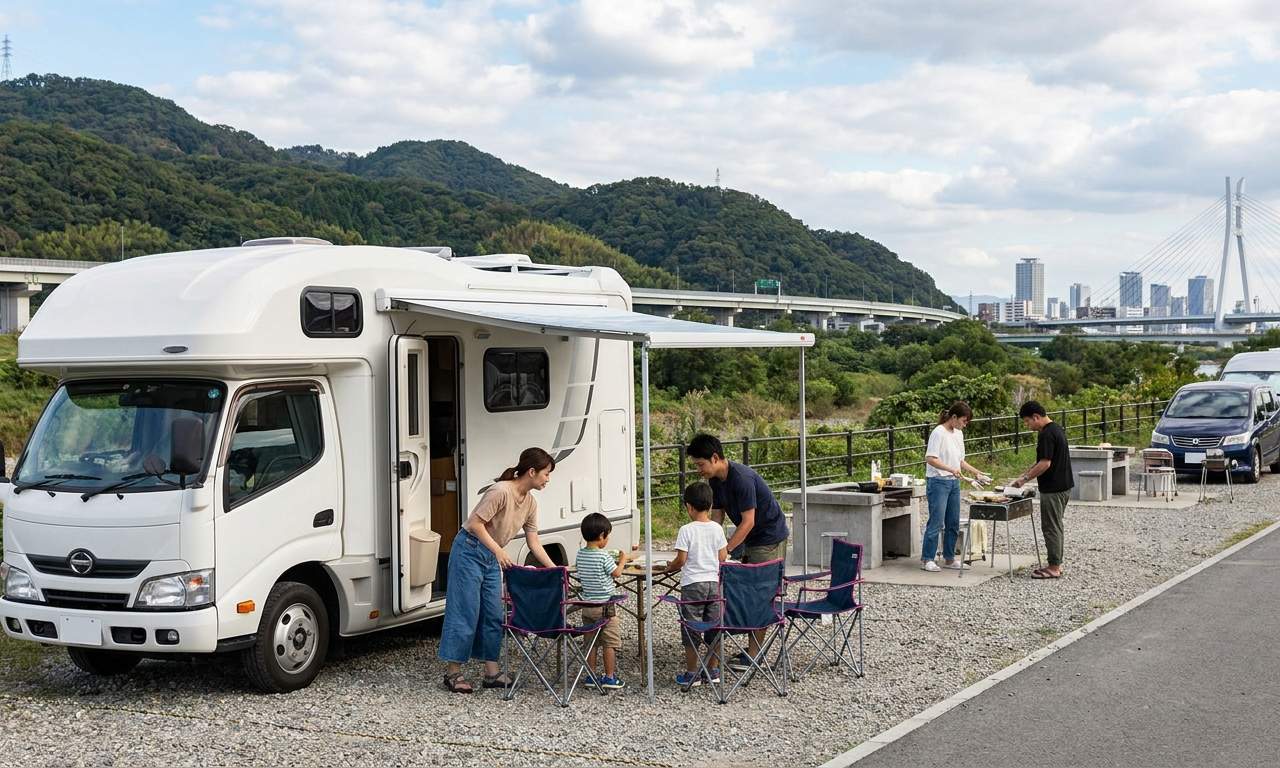 RV camping in a natural setting near Osaka