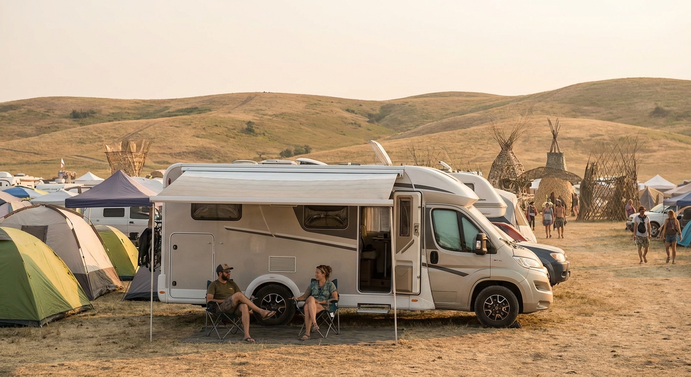 Couple driving an RV in Ozora - Festival