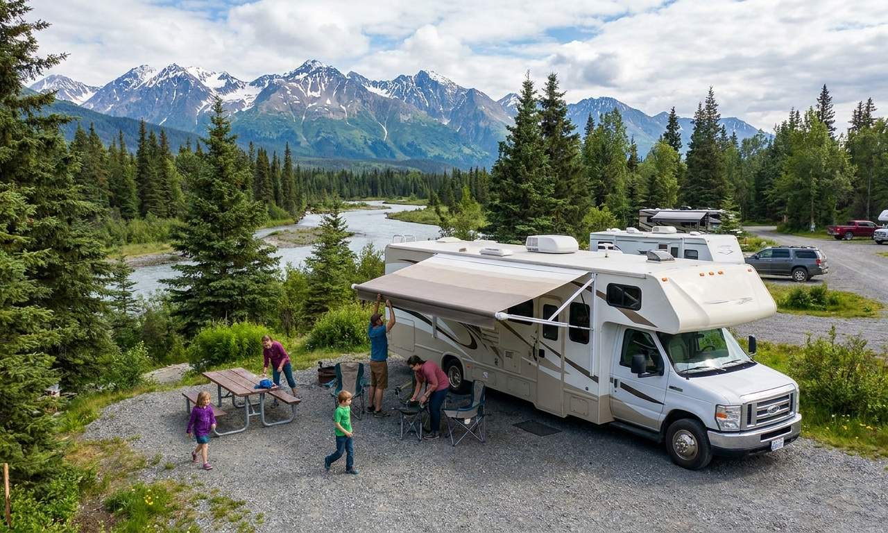 Motorhome parked in a scenic Alaskan landscape near Anchorage