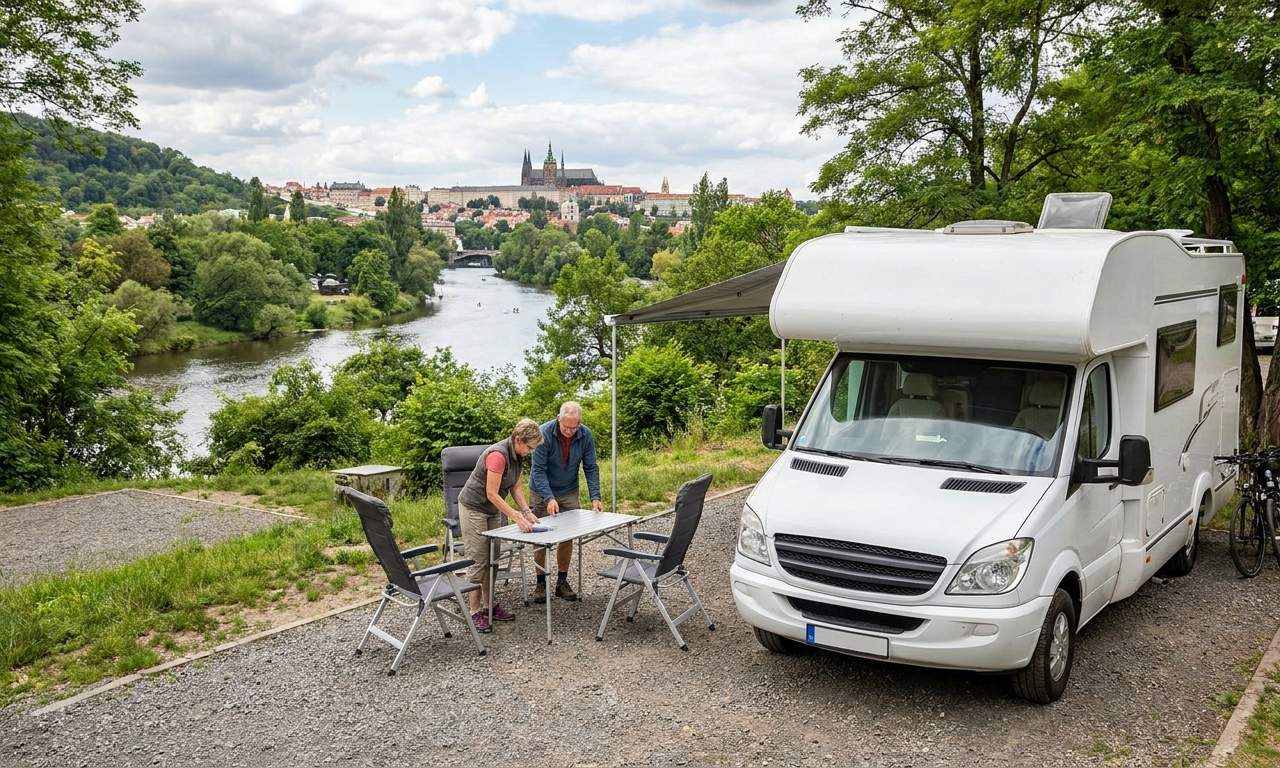 Panoramiczny widok na Pragę z rzeką Wełtawą i Mostem Karola, idealny do planowania podróży kamperem