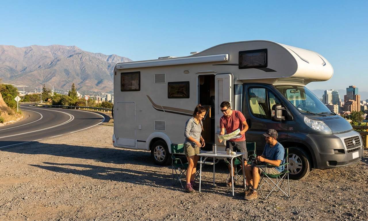 Camping kamperem w Cajón del Maipo w pobliżu Santiago ze zwierzęciem