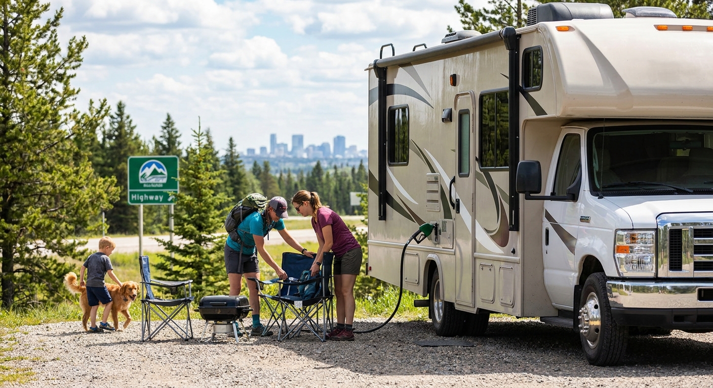 Luxury RV parked at a resort-style campground near Calgary