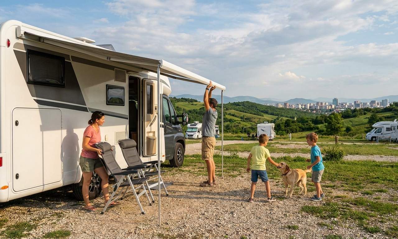 Kamper zaparkowany w pobliżu Tirany, Albania