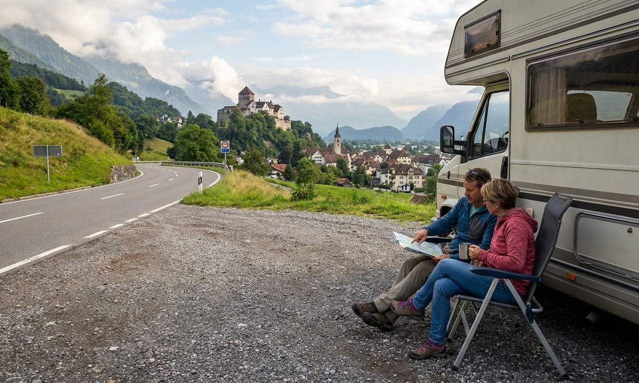 Seniorzy cieszący się wycieczką kamperem na tle gór w Vaduz
