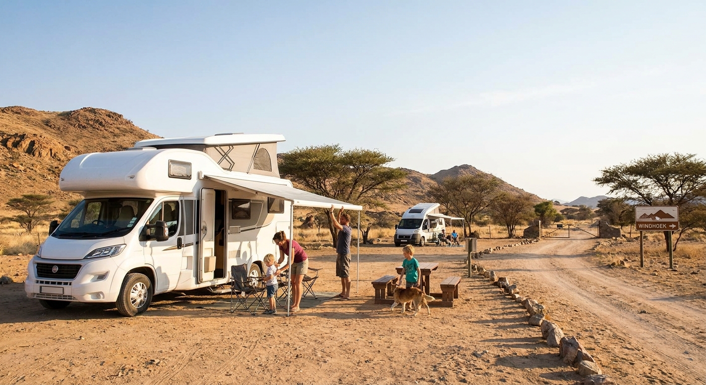 Family playing outside a rented RV in Windhoek