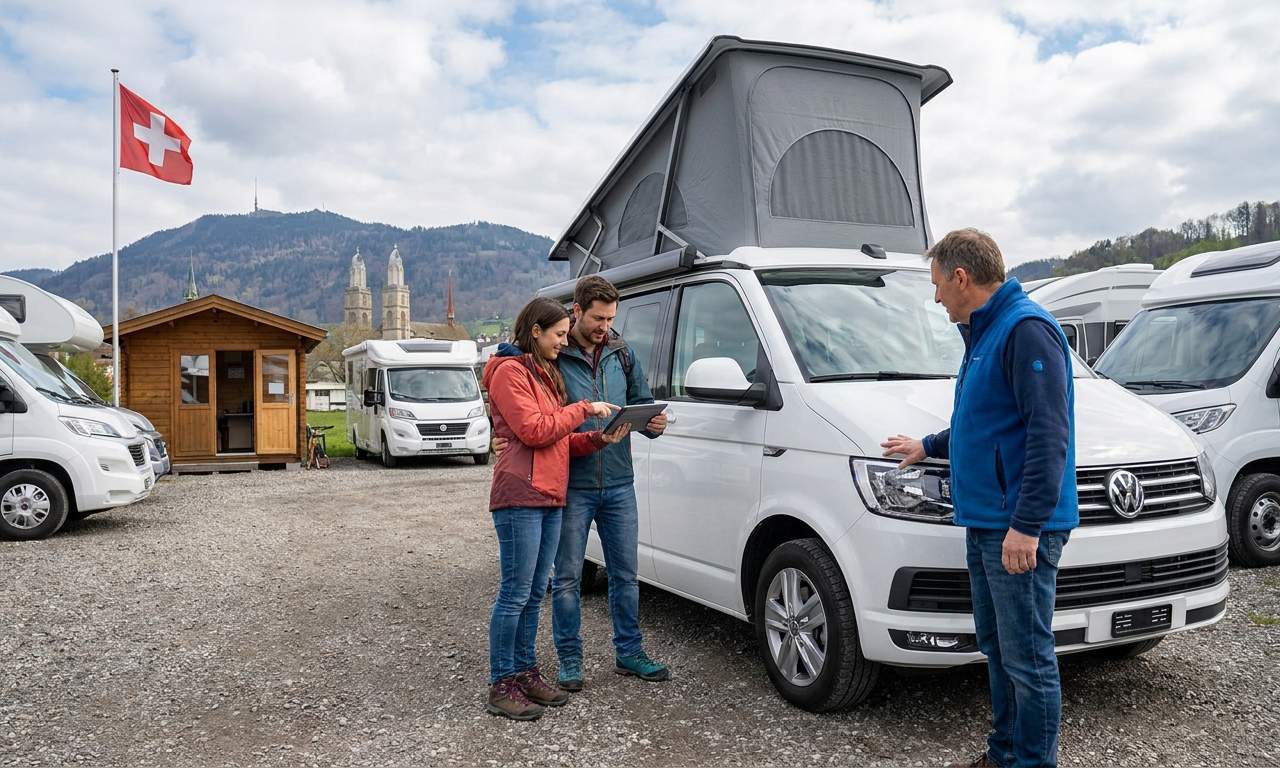 Diverse luxury RVs parked in a scenic Swiss landscape near Zurich