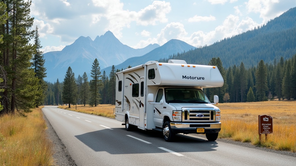 A Class C motorhome driving along a scenic road in Yellowstone National Park.