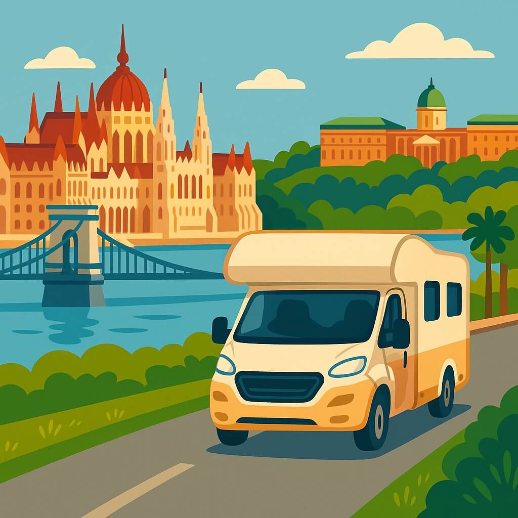 A motorhome parked with the Hungarian Parliament Building in the background