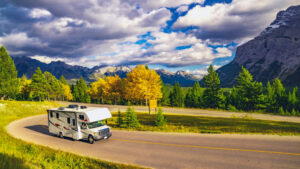 A rented campervan on a scenic drive through the Greek countryside near Pallini