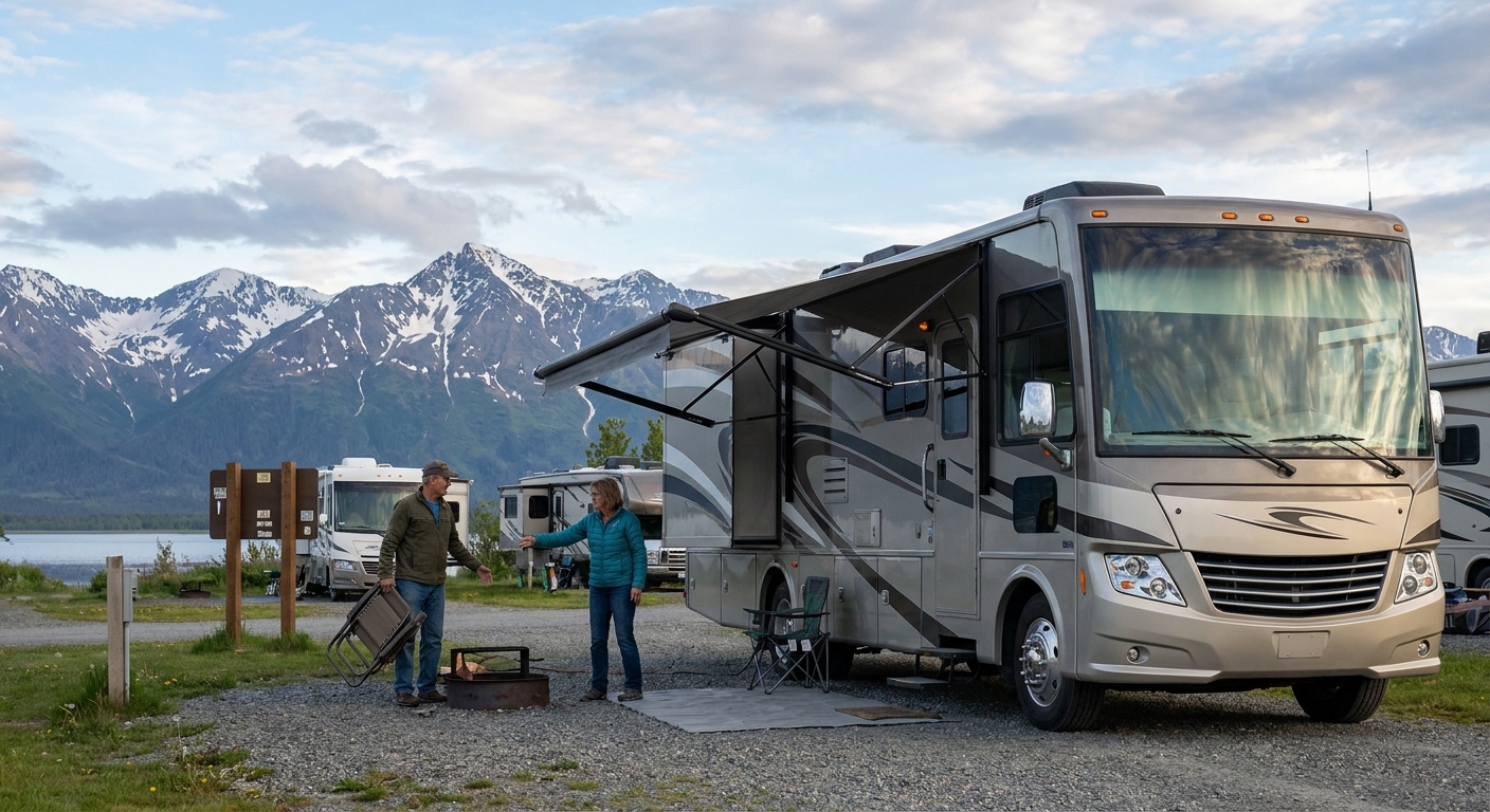 RV on a scenic road in Anchorage, Alaska with mountains in the background