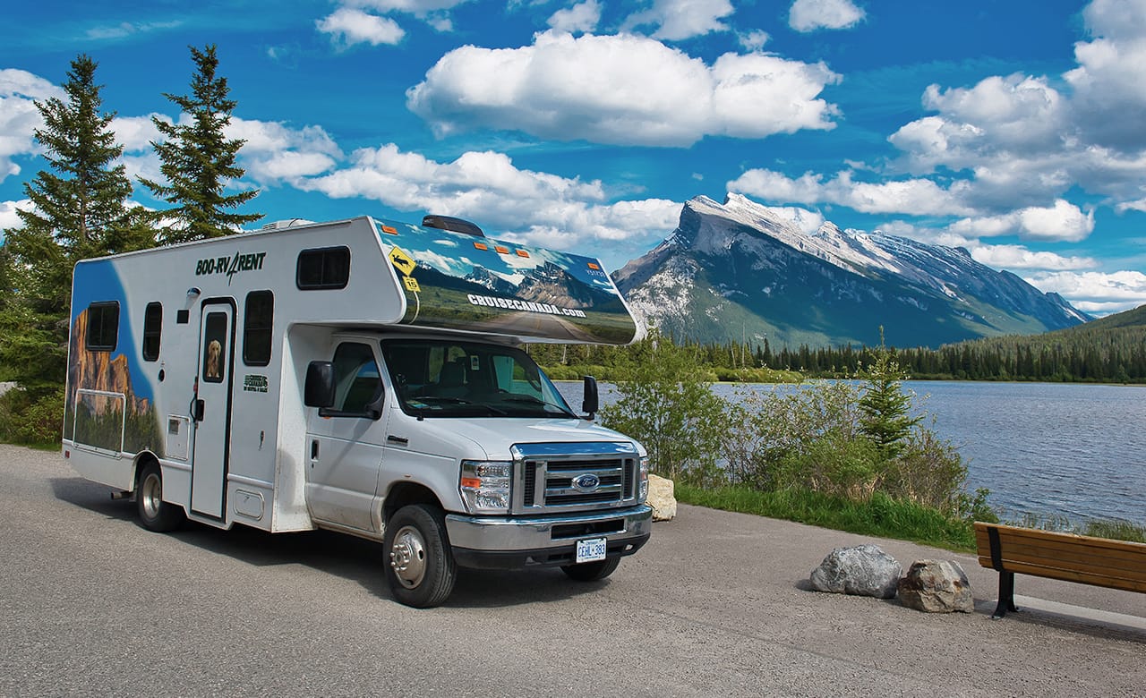 A rented Class C motorhome in a desert landscape in the USA