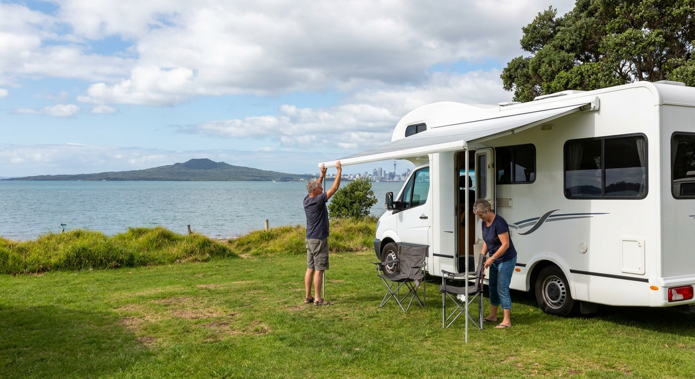 Luxury RV parked overlooking an Auckland scenic view