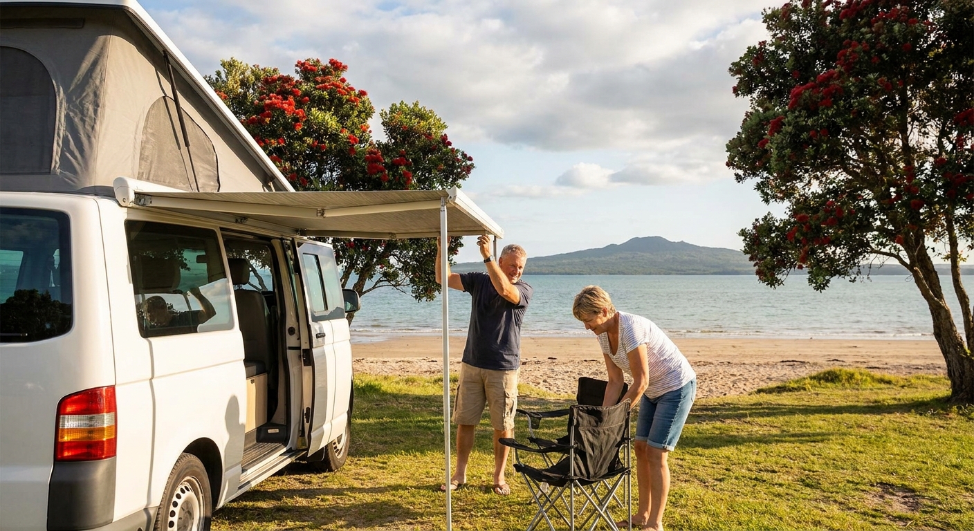 A family enjoying a picnic outside their RV near Auckland