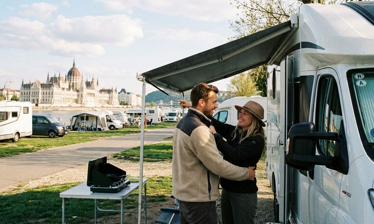 RV parked near a thermal spa in Budapest, Hungary