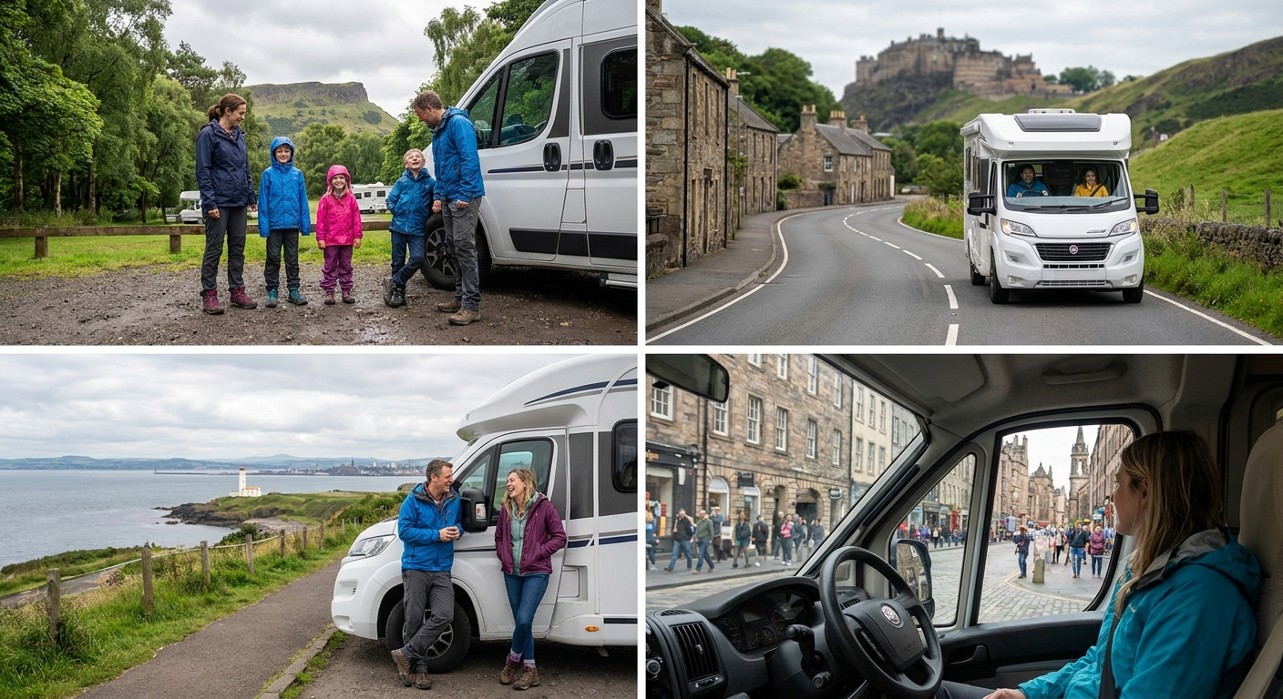 Luxury Class A motorhome in a scenic Scottish landscape near Edinburgh