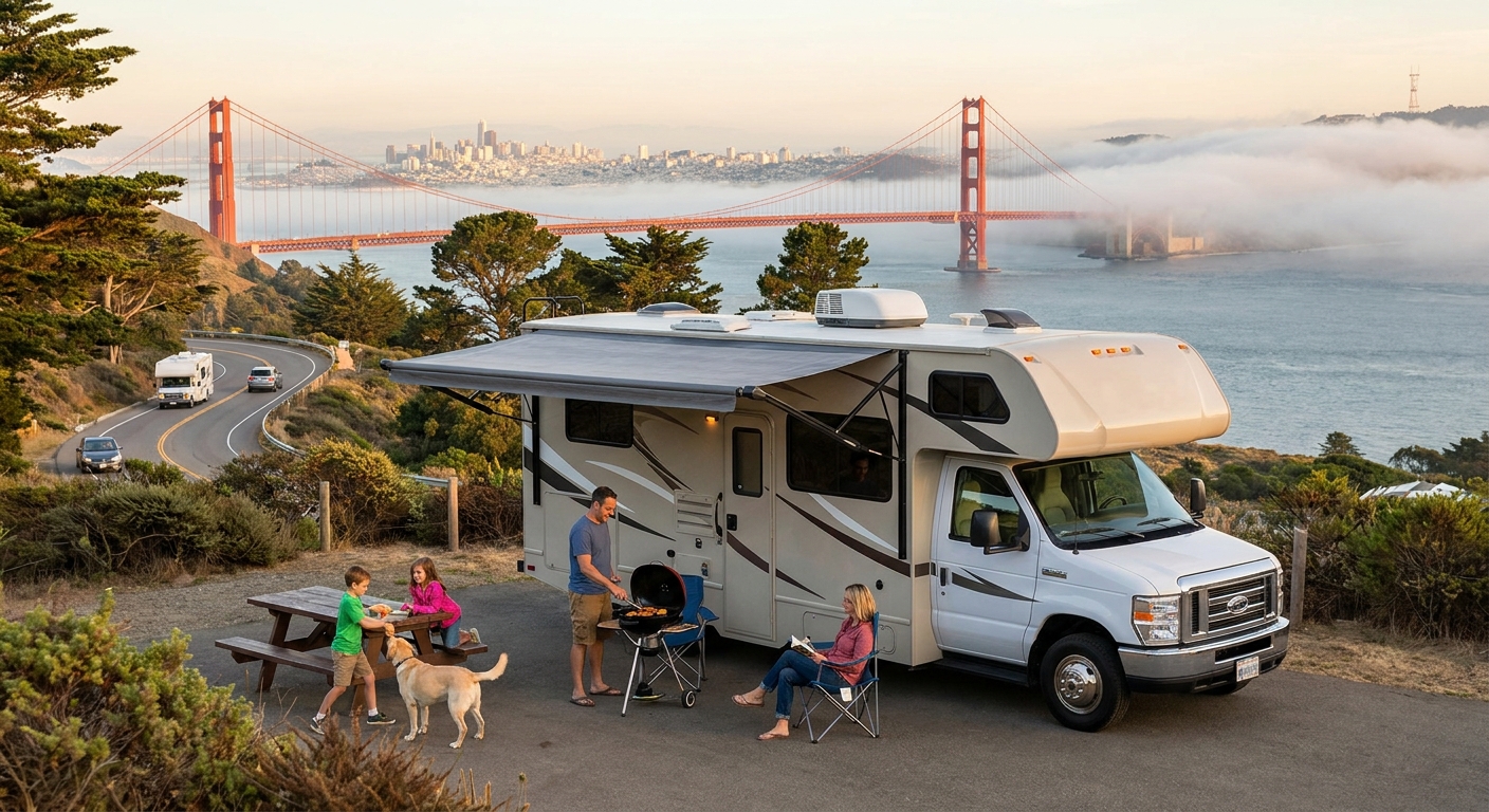 Family RV on a scenic road near San Francisco
