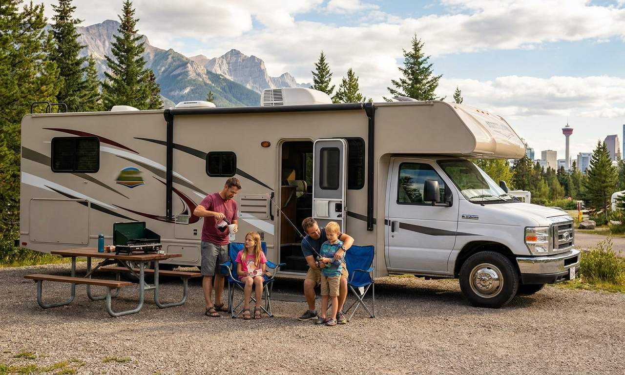 RV parked at a winter campsite in Calgary