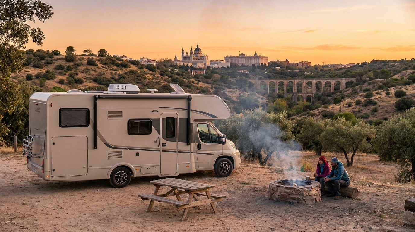 A rented motorhome parked with a scenic view of Madrid's skyline at sunset