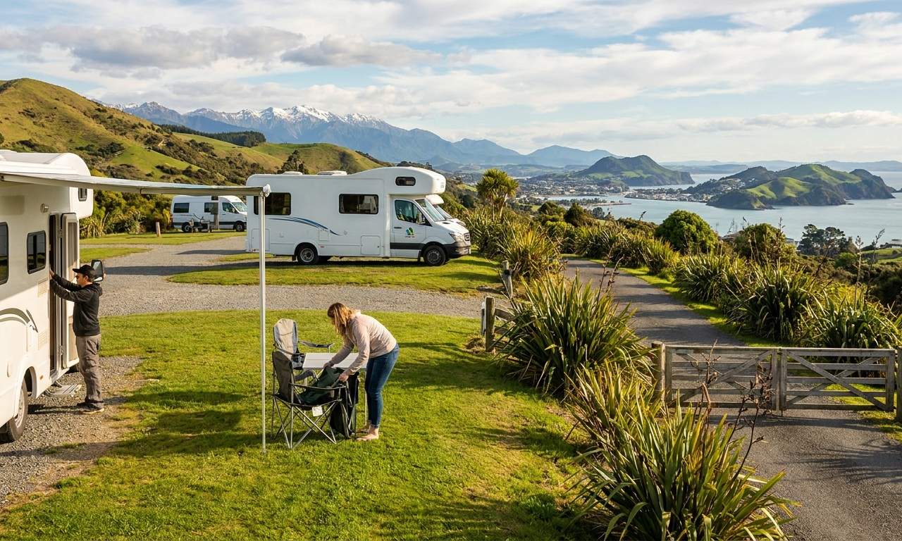RV travel section-1 for Christchurch, showing a campervan on a scenic New Zealand road with mountains