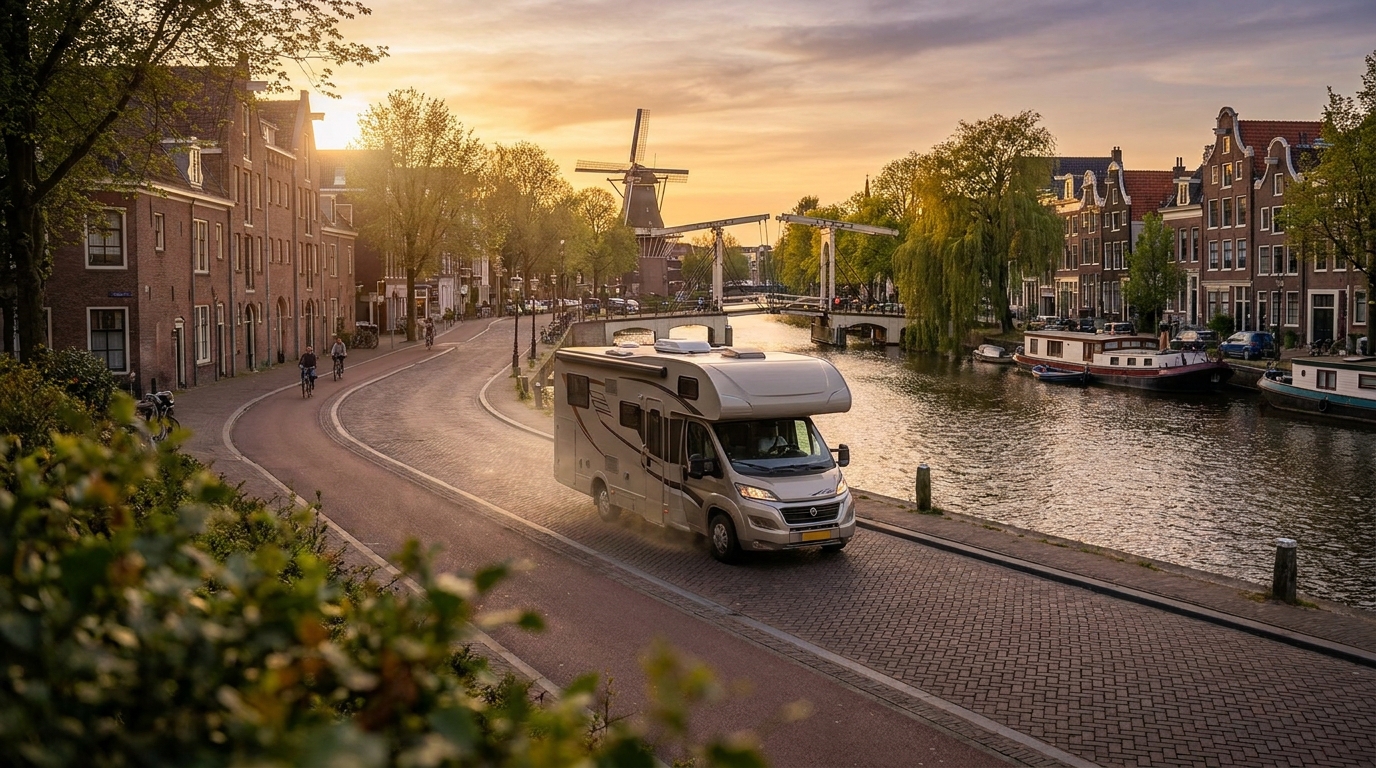 A beautiful canal in Amsterdam with a rented RV parked nearby