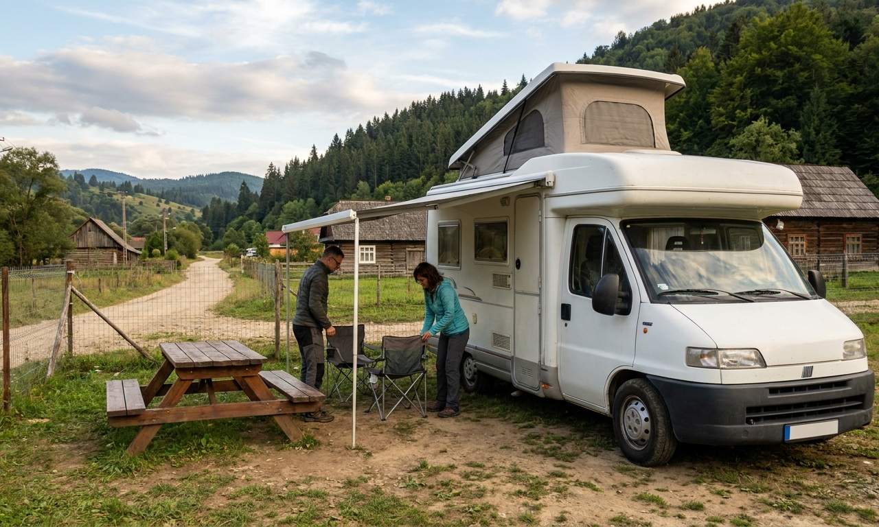 Kamper zaparkowany nad malowniczym jeziorem w Europie Wschodniej z psem