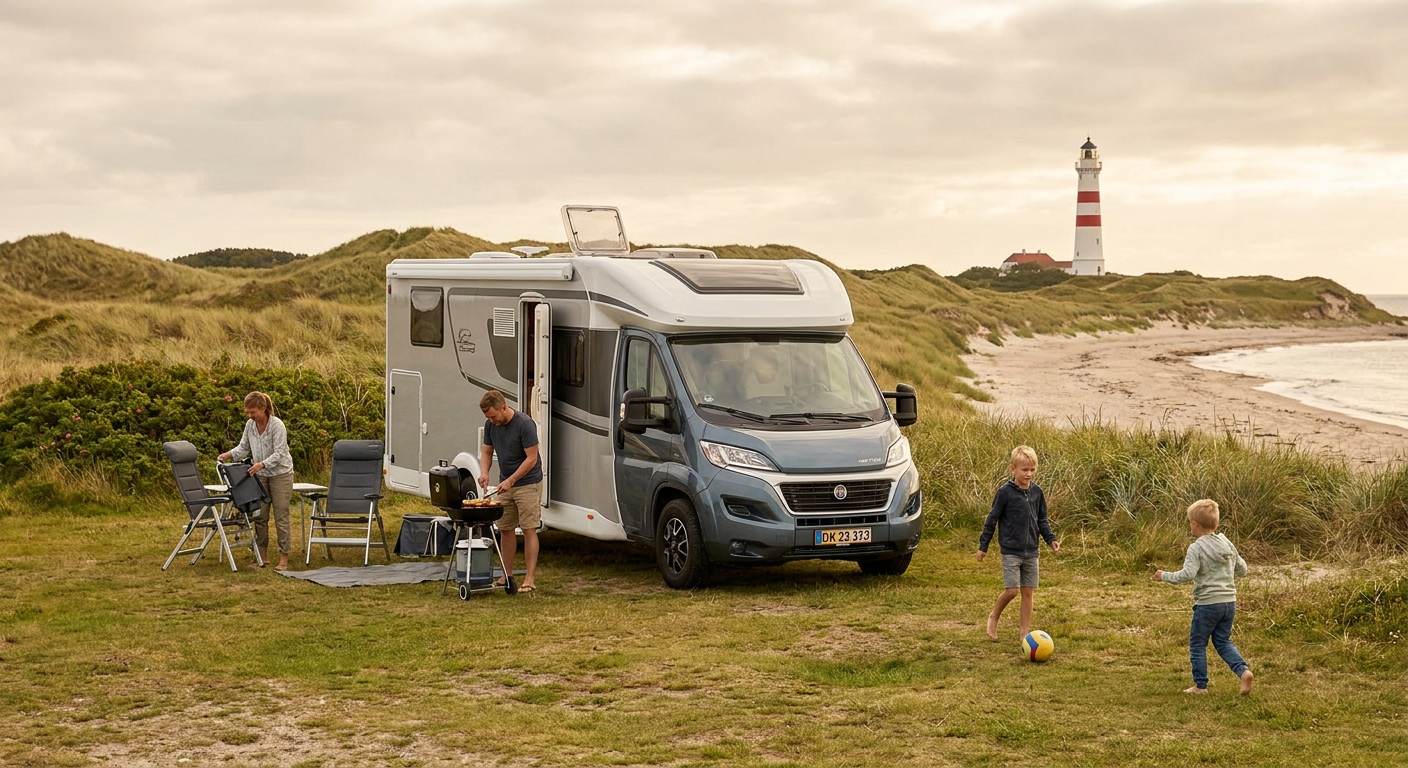RV parked on a Danish road with scenic background