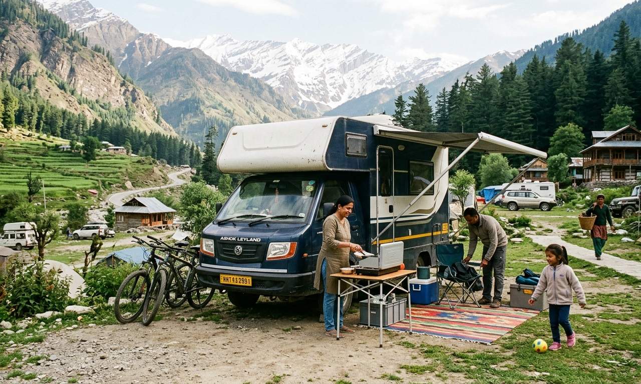 Motorhome parked in a scenic pet-friendly spot in Rajasthan, India