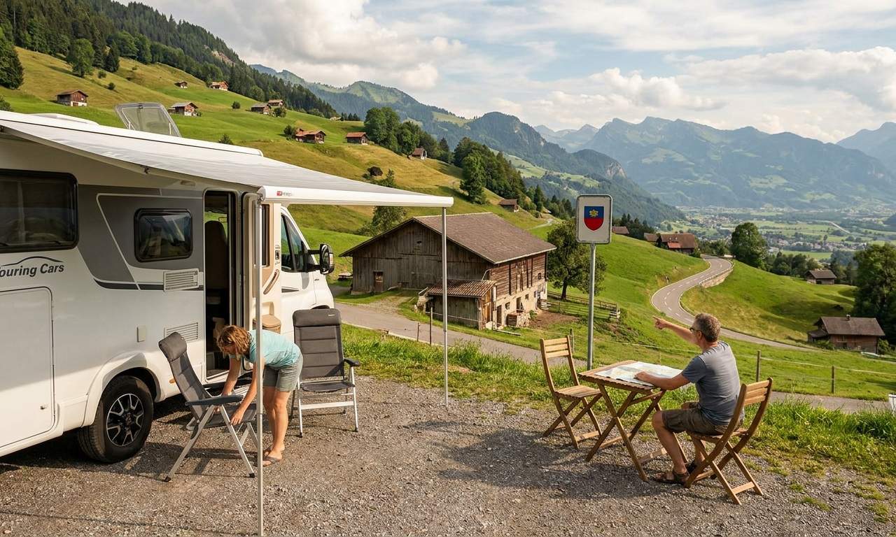 RV travel section-1 for Liechtenstein, showing a senior couple enjoying a view from their motorhome