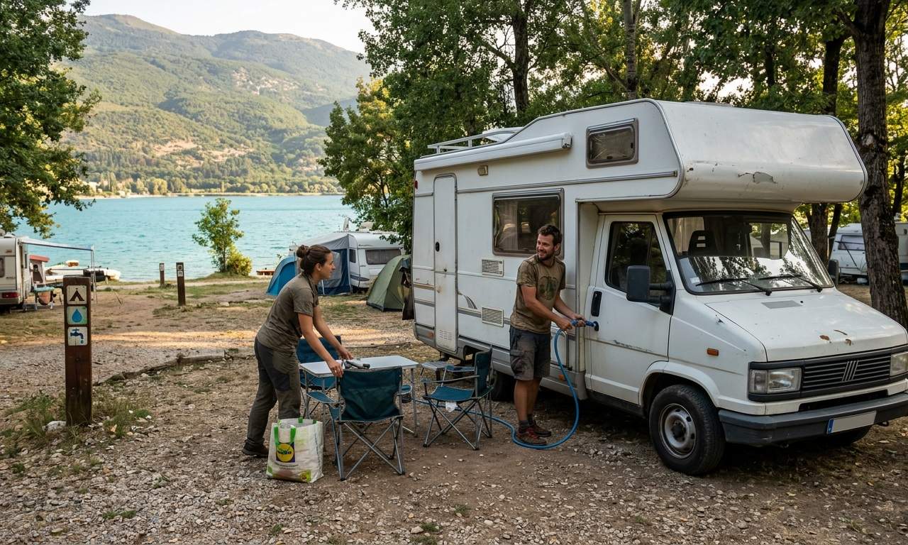Kamper na malowniczej drodze w Macedonii z górami w tle