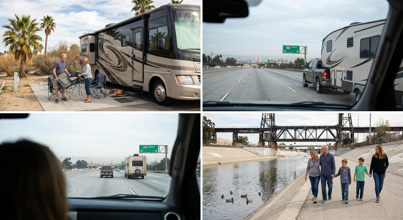 Family RV on a scenic road trip near Bellflower