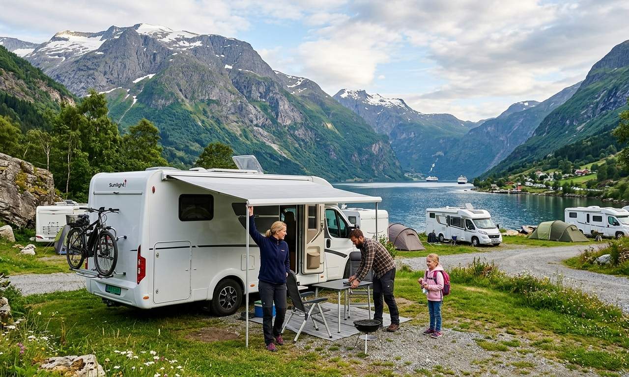 Kamper zaparkowany nad pięknym norweskim fiordem, ilustrujący rodziny kamperów w Norwegii