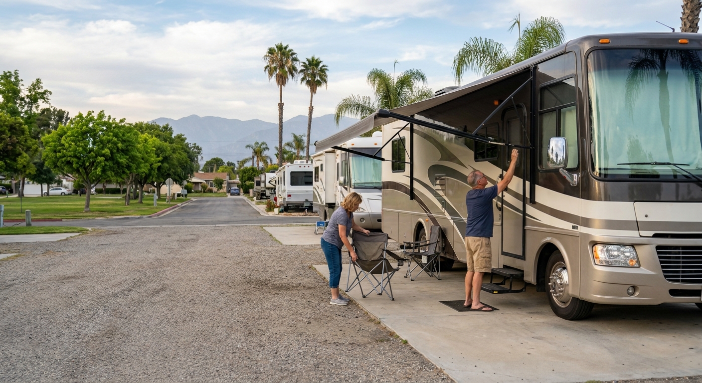 Couple with pet dog checking map inside a rented RV in Bellflower
