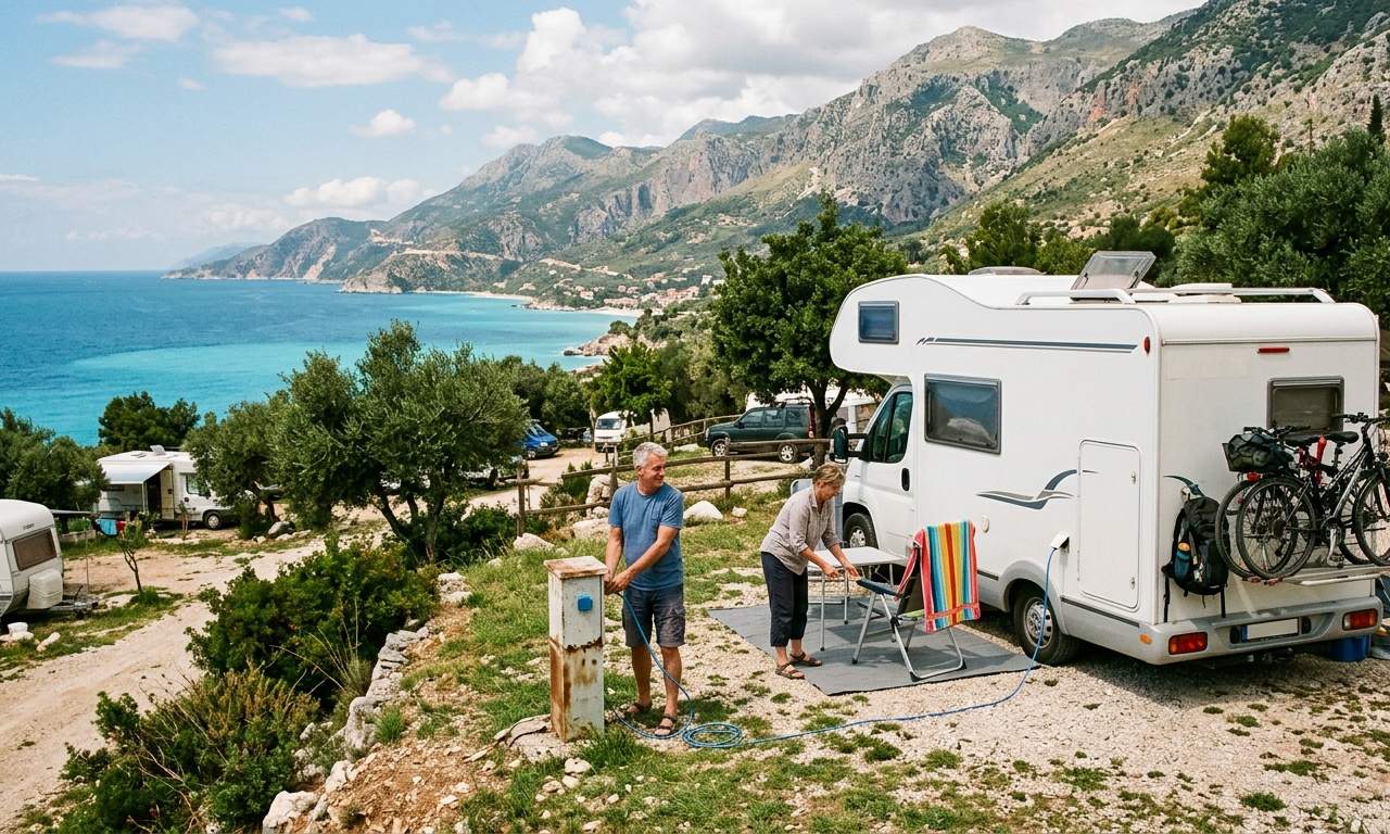 Motorhome parked by a lake in Albania, illustrating RV rental costs