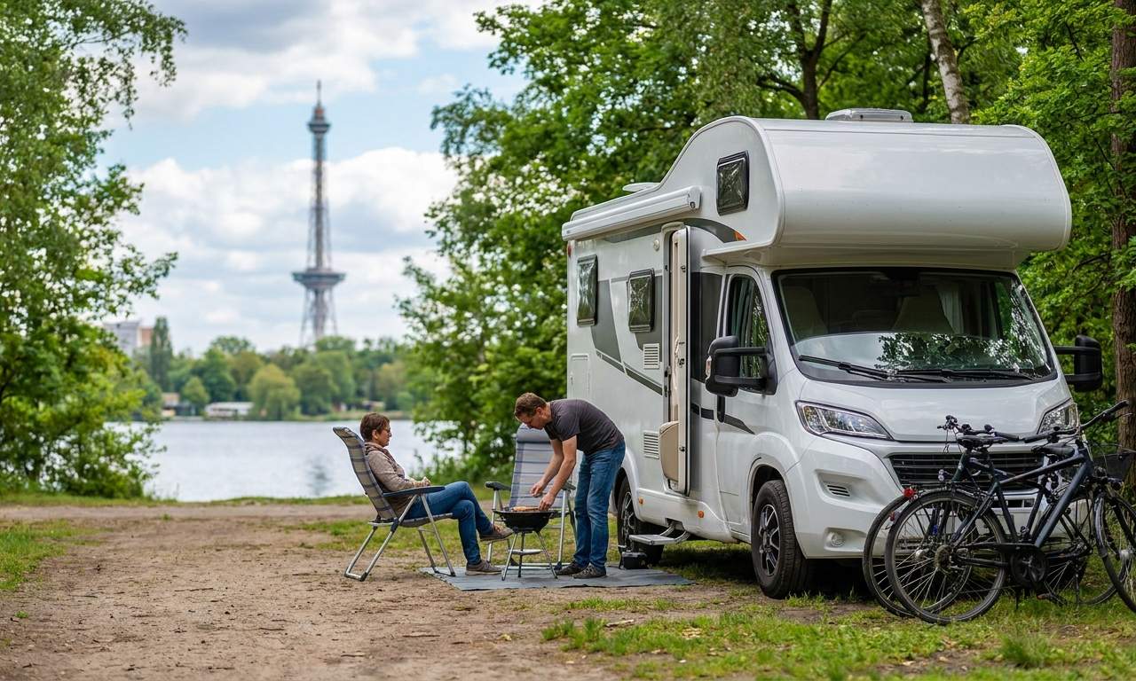 Rodzina porównująca różne modele kamperów na wycieczkę do Berlina
