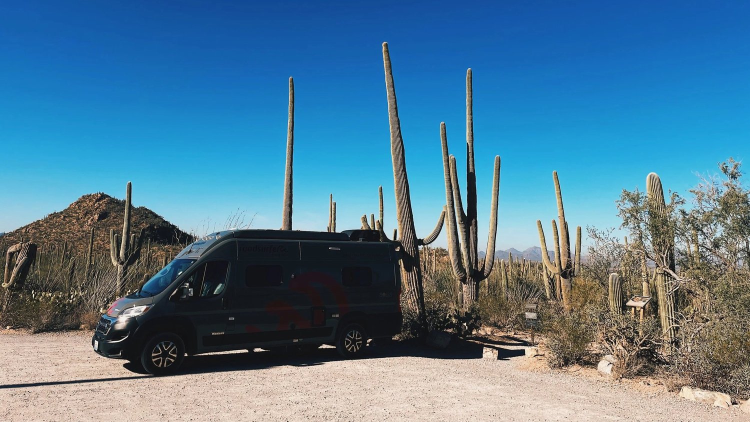 A Class C motorhome on a road trip through the desert near Phoenix.