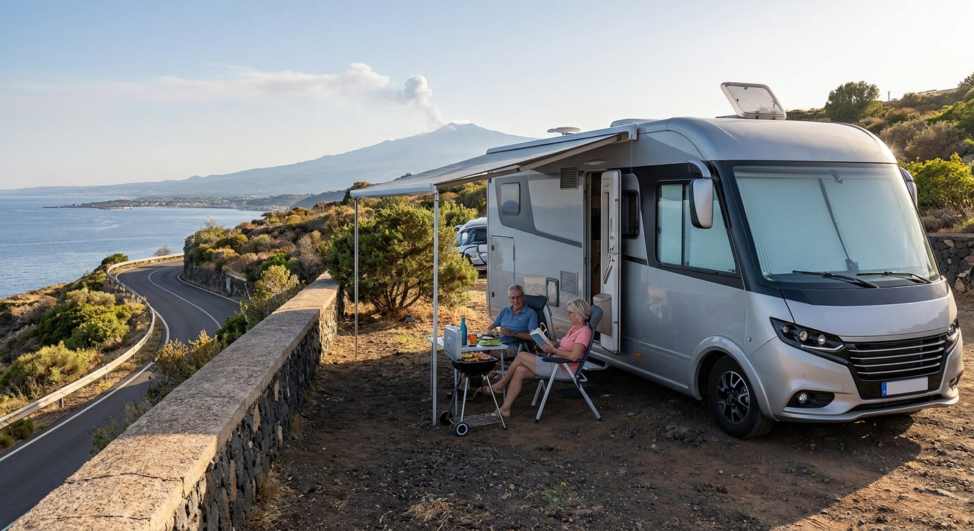 Senior travelers in a rented RV near Catania - Sicily