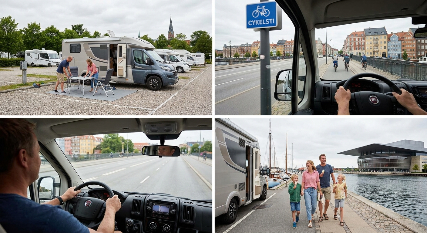 RV parked near Copenhagen coastline with city in the distance