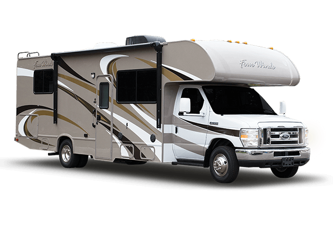 Rented motorhome parked with a scenic view of the Texas landscape
