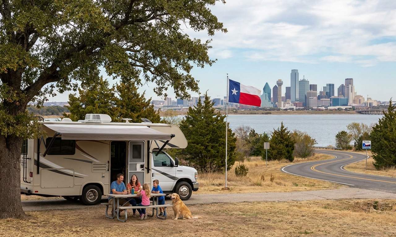 Rodzina odbierająca wynajętego kampera w Dallas