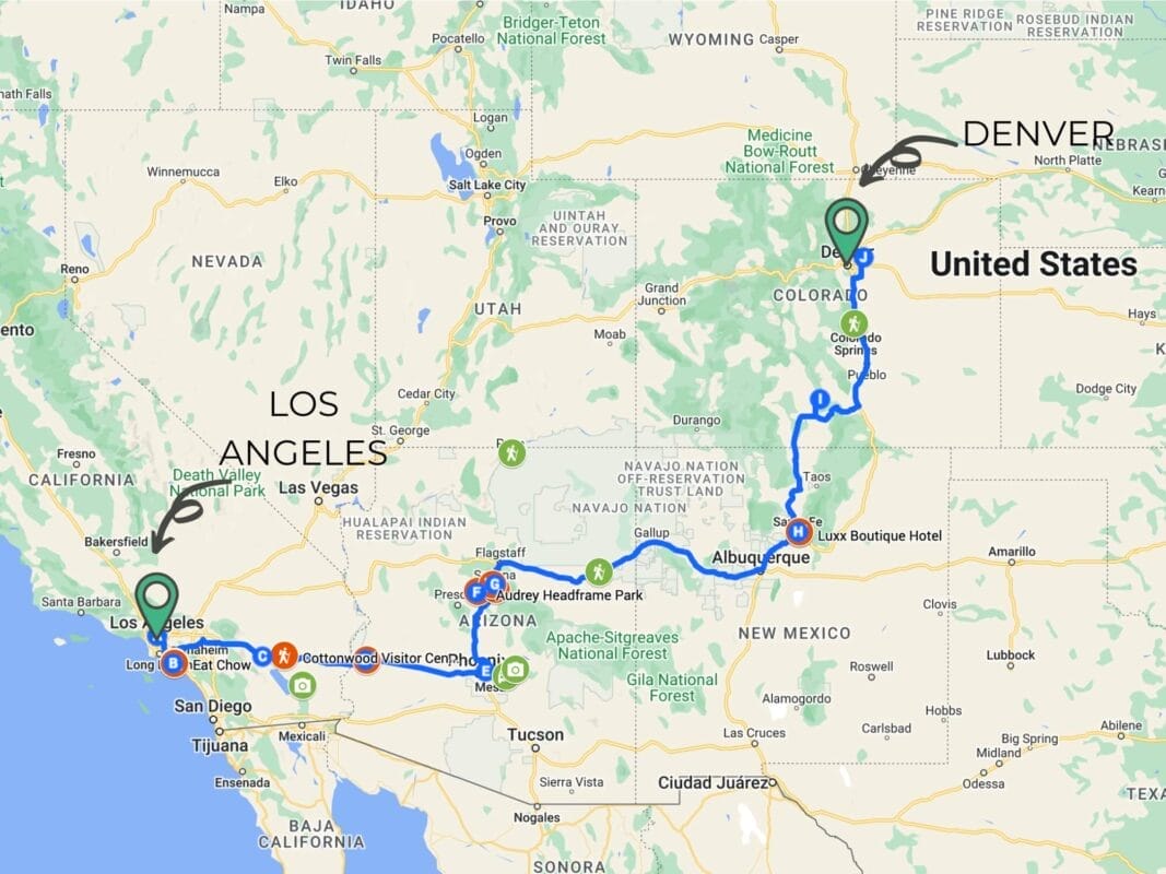 Map showing a road trip route planner from Los Angeles to Denver