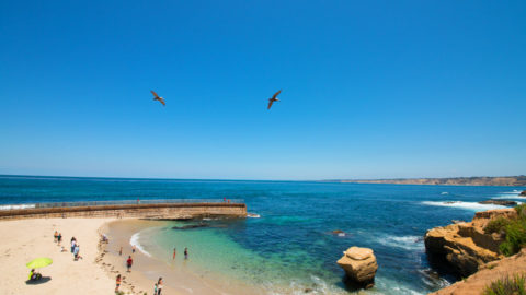 Panoramic view of a sunny San Diego beach with gentle waves