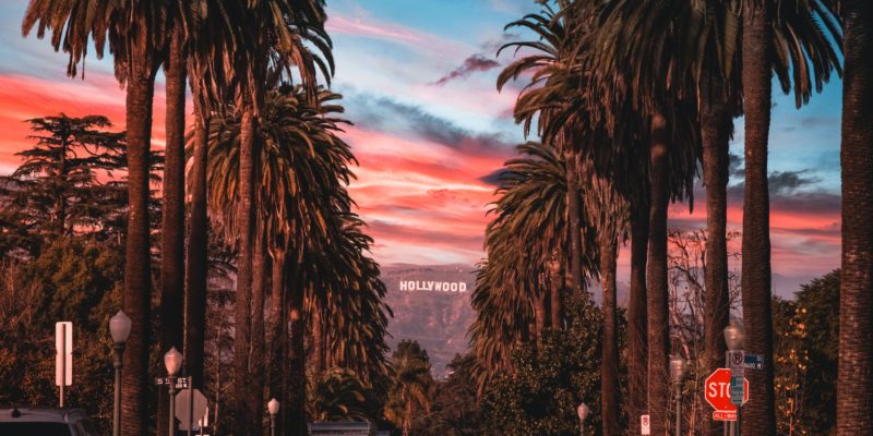 The iconic Hollywood sign viewed from a scenic overlook in Los Angeles