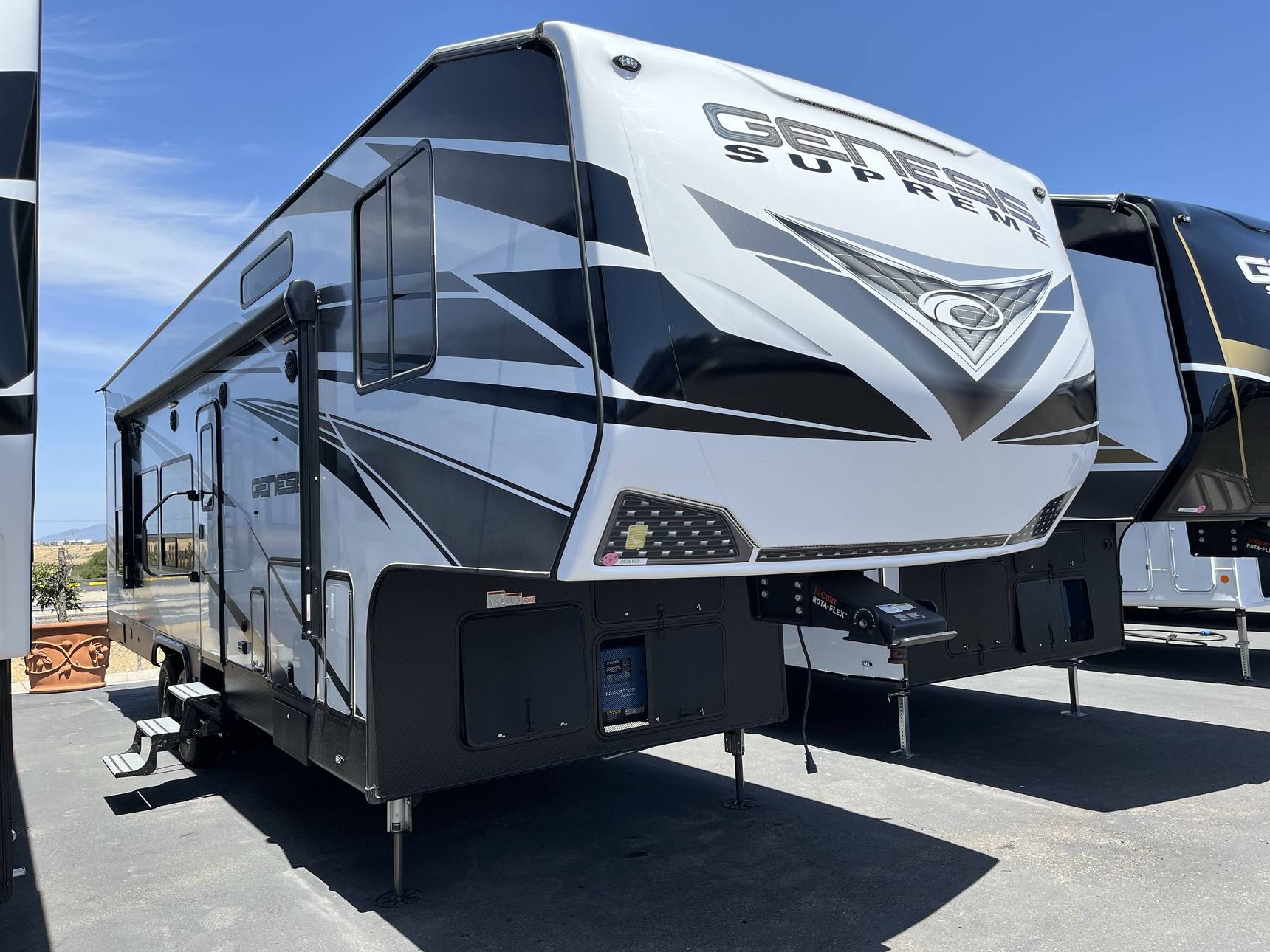 Various classes of rental RVs lined up at a dealership in San Diego