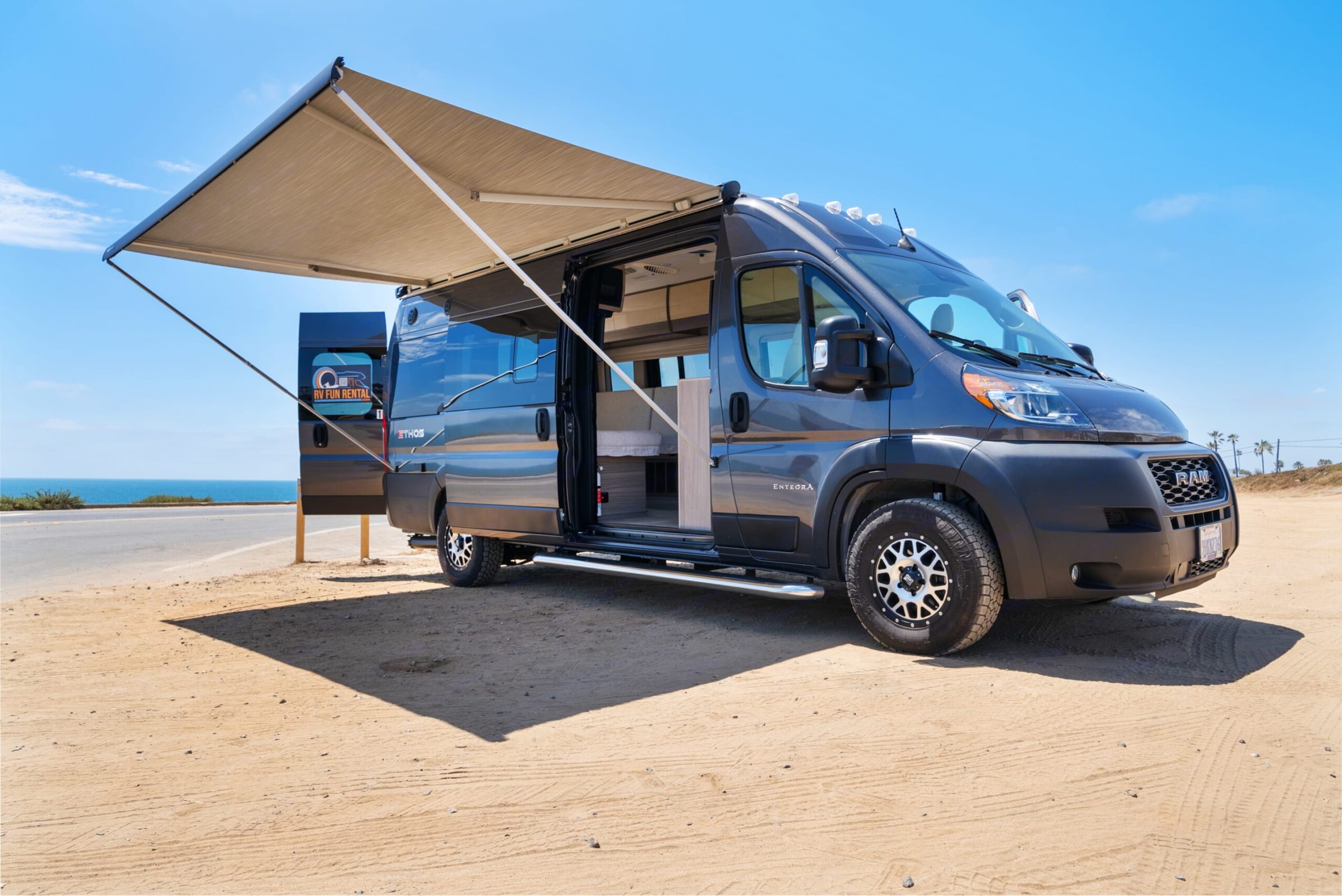 Interior view of a modern Class B campervan rental available in San Diego