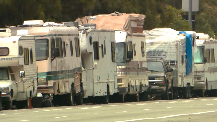 A row of different motorhome types available for rental in Los Angeles.